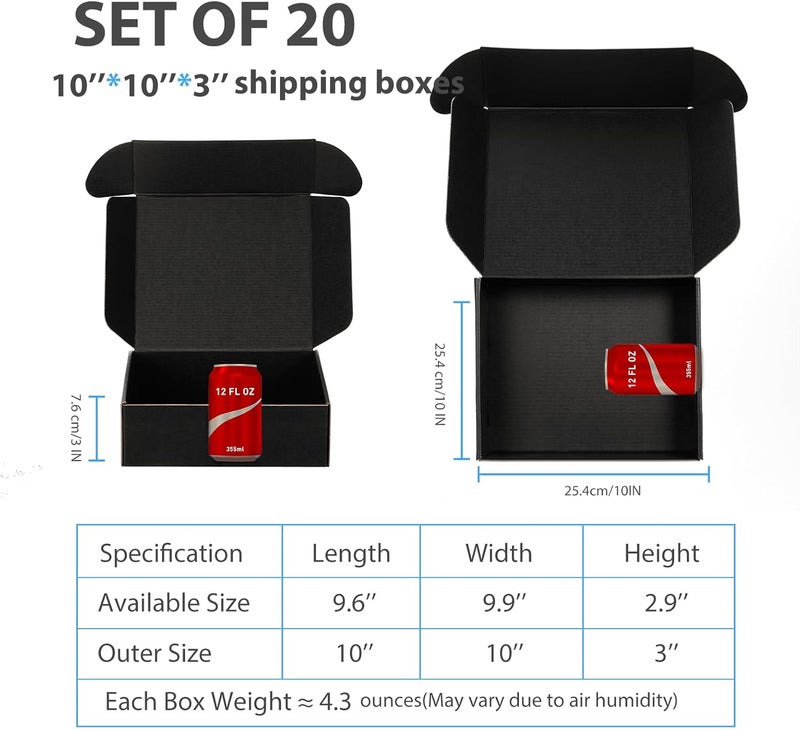 DUZCLI Small Shipping Boxes 10x10x3 Inches – Black Corrugated Cardboard Boxes (20-Pack) for Mailing, Packing, Small Business & Gift Packaging - Recyclable & Sturdy - Image 2